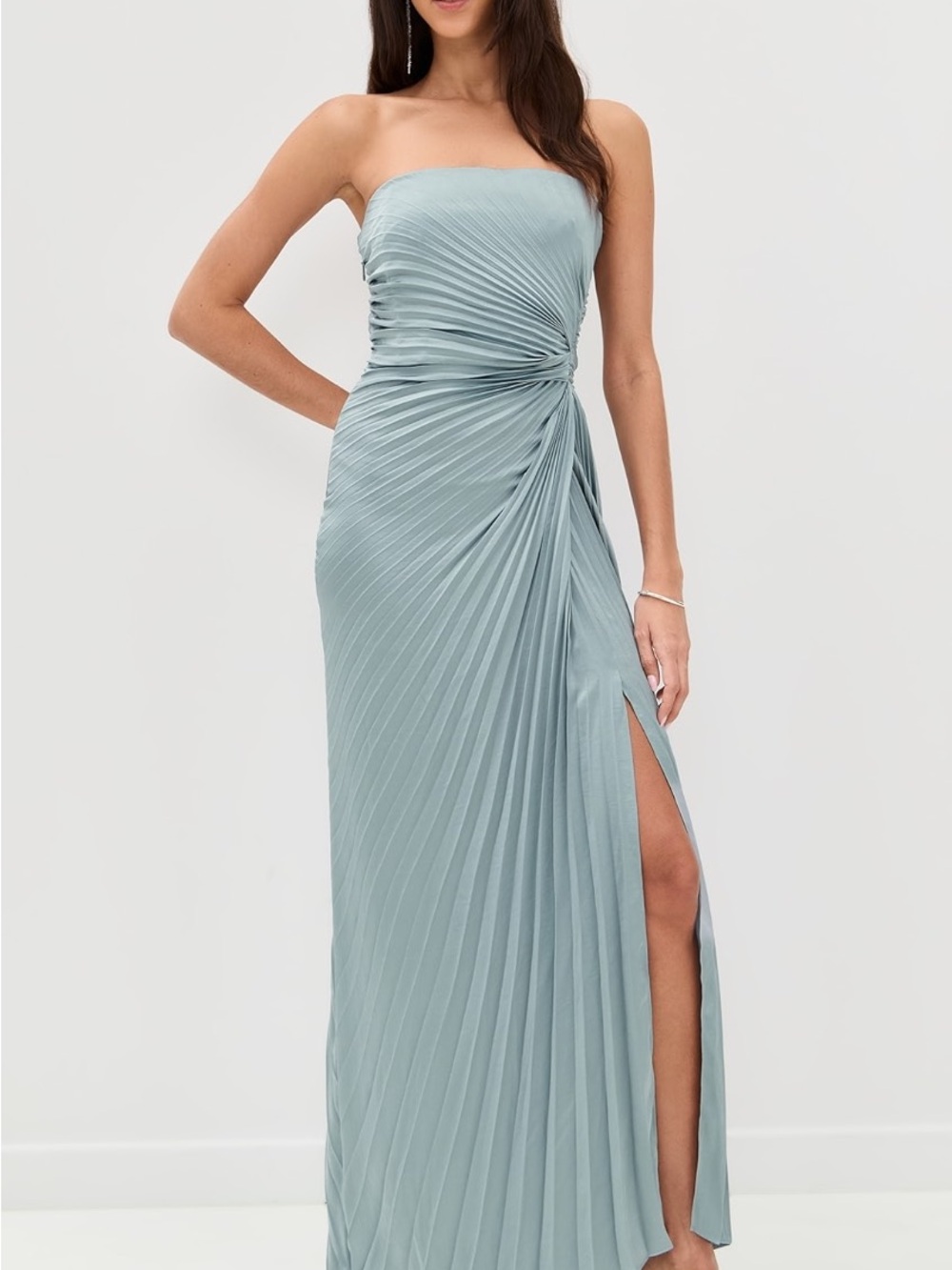 A.L.C. Strapless Pleated Gown in Sage Blue with Side Slit